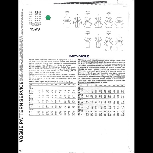 ๐ 2/$30 ๐ UNCUT Vintage 90s Vogue Basic Dress Sewing Pattern 1593 Sizes 6-8-10 - Picture 2 of 2